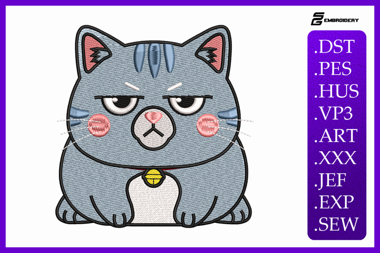 Grumpy Kawaii Cat Animal Embroidery Design