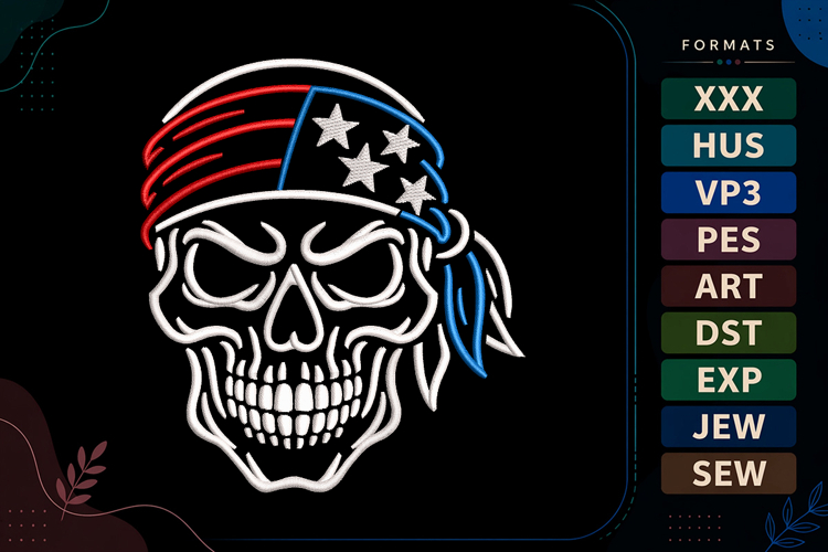 Patriotic Skull 4th of July Embroidery Design