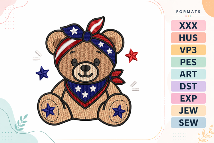 Cute Teddy Bear 4th of July Embroidery Design