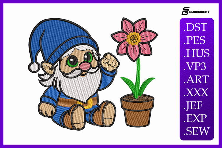 Cute Spring Gnome with Flower Embroidery Design