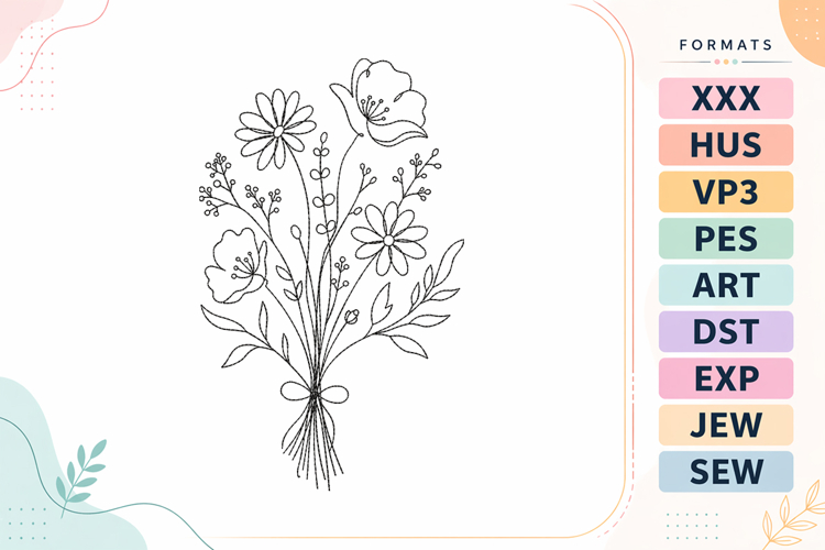 Wildflower Bouquet Floral Line Art Embroidery Design