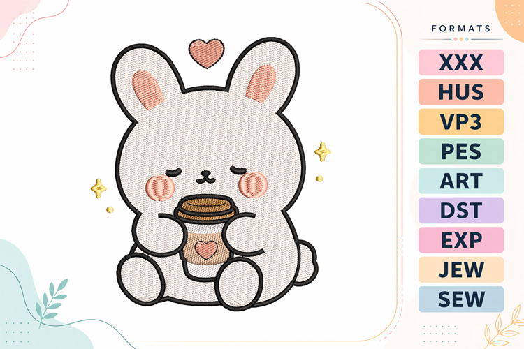 Cute Bunny Coffee Animal Embroidery Design example image 1