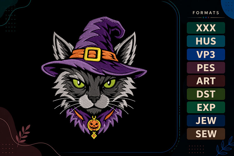 Halloween Witch Cat Embroidery Design example image 1