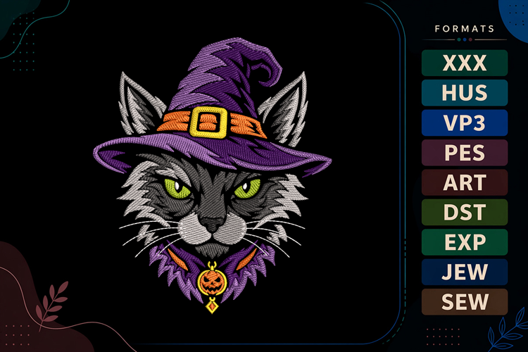 Halloween Witch Cat Embroidery Design