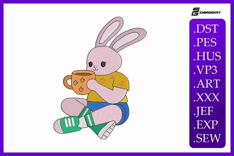 Cute Easter Bunny Drinking Coffee Embroidery Design
