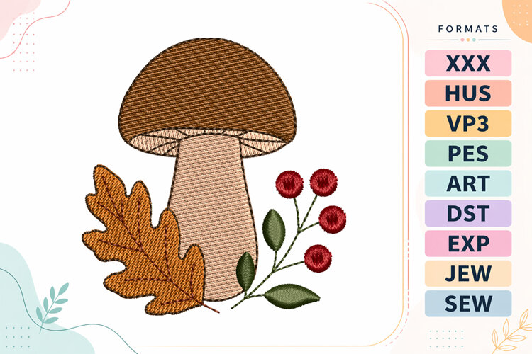 Mini Fall Mushroom Oak Embroidery Design example image 1
