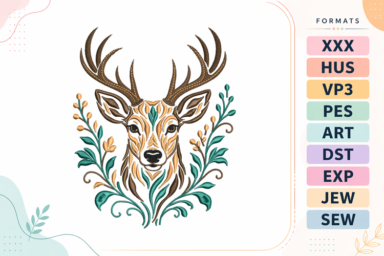 Floral Boho Deer Head Embroidery Design