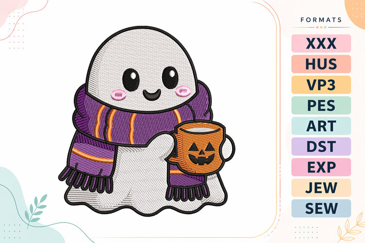Halloween Ghost with Coffee Embroidery Design example image 1