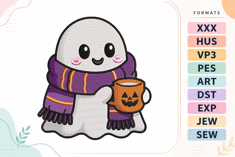 Halloween Ghost with Coffee Embroidery Design
