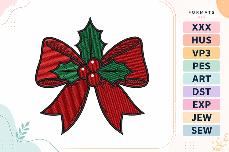 Christmas Bow Holly Ribbon Embroidery Designs