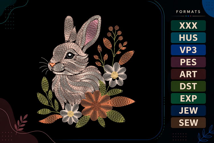 Ripple Floral Bunny Portrait Embroidery Design