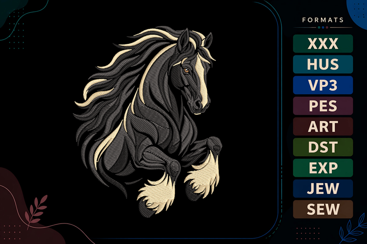 Black Cream Horse Embroidery Design