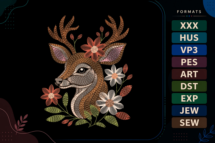 Ripple Floral Deer Portrait Embroidery Design