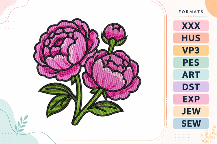 Pink Peonies Flower Embroidery Design