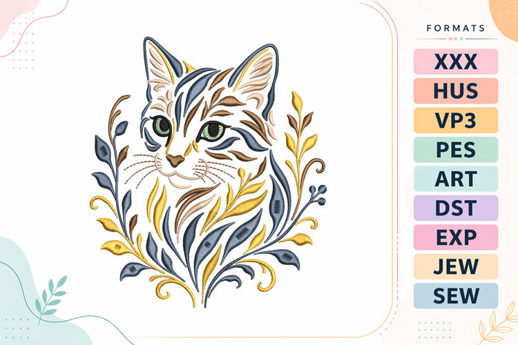 Floral Boho Cat Motif Embroidery Design example image 1