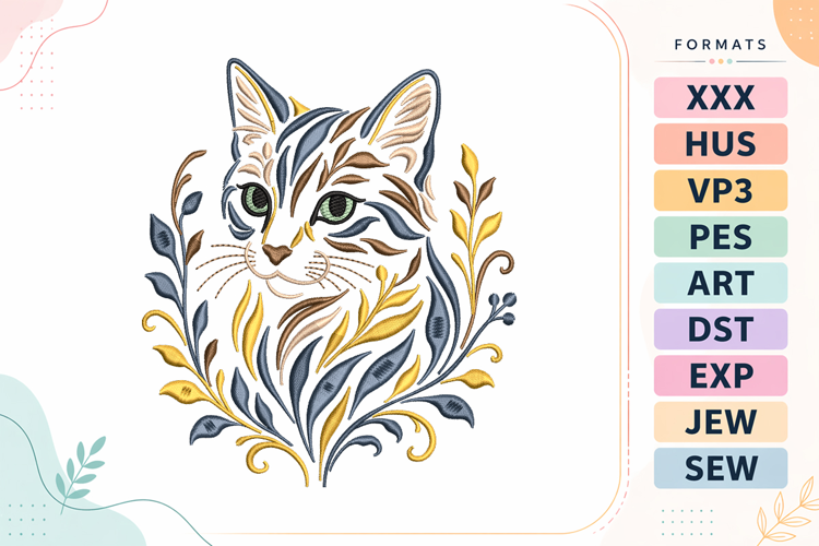 Floral Boho Cat Motif Embroidery Design