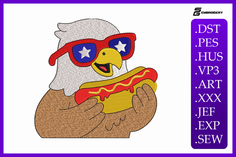 Funny Patriotic Eagle Eating Hot Dog Embroidery Design