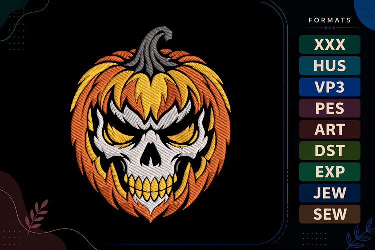 Halloween Skull Pumpkin Embroidery Design