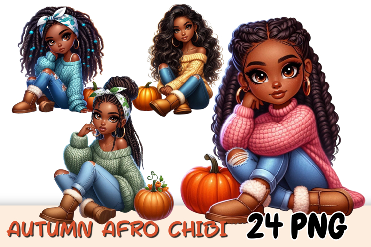 Autumn Black Chibi Girl Png, Cozy Fall Afro Chibi Clipart