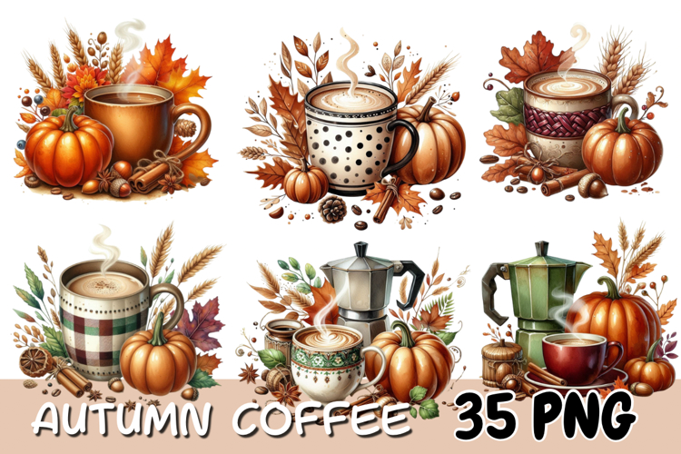 Autumn Coffee Watercolor Clipart Png, Cozy Fall Coffee Png.