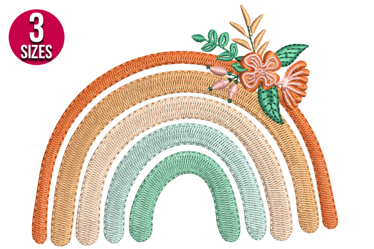 Fall Rainbow with Flowers machine embroidery design, Boho