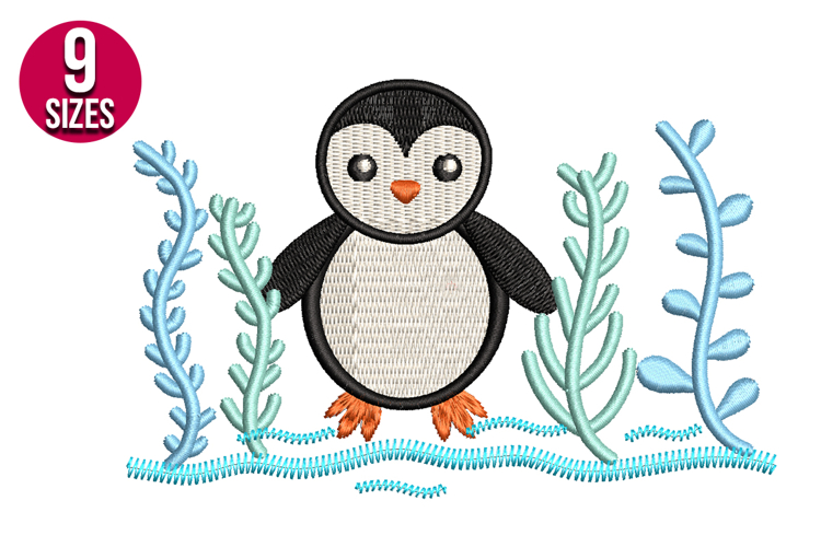 Penguin with Seaweed machine embroidery design - 9 sizes