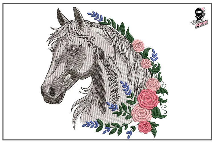 Horse Portrait with Flowers | Farm Animal Embroidery Design