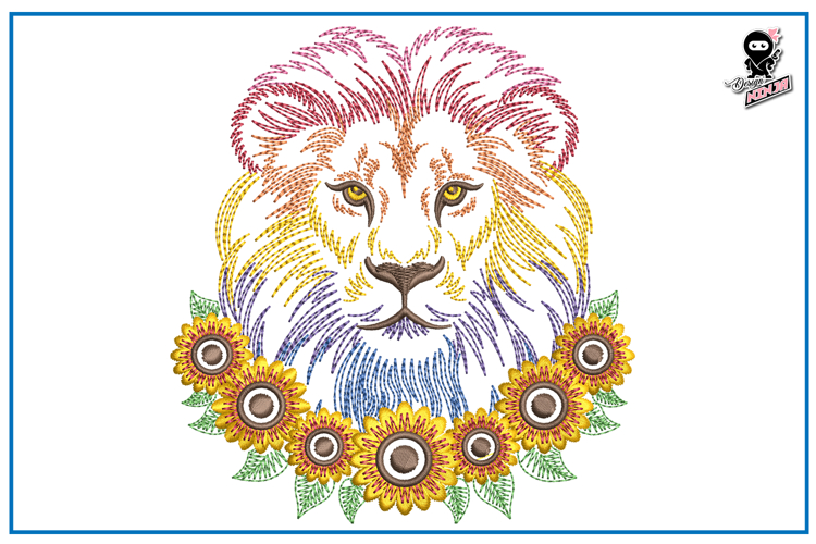 Rainbow Lion with Sunflowers Machine Embroidery Design