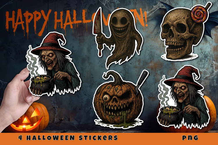 Creepy Halloween Stickers PNG | Witch, Pumpkin, Ghost, Skull