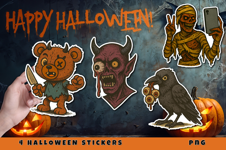 Creepy Halloween Stickers PNG | Demon, Mummy, Crow, Bear