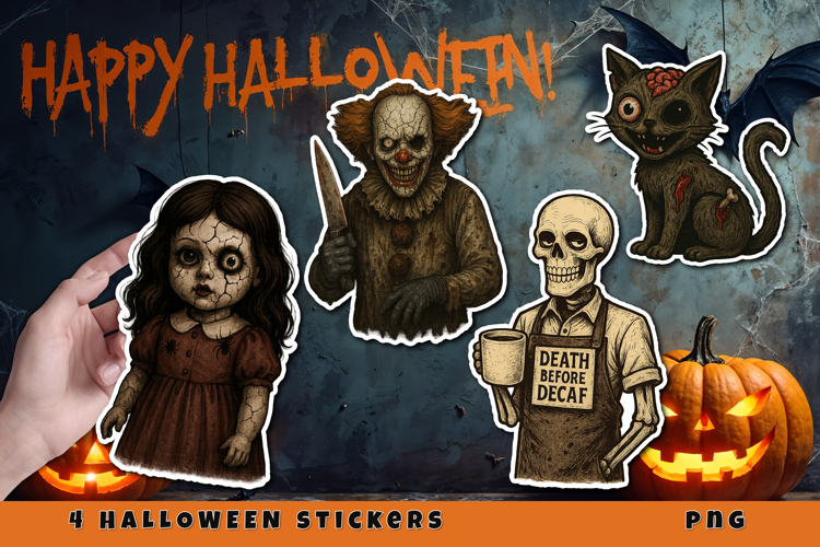 Creepy Halloween Stickers PNG | Clown, Doll, Skeleton, Cat
