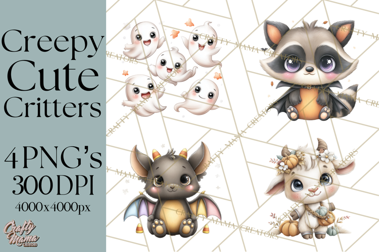 Creepy Cute Halloween Animals PNG, Kawaii Spooky Animals