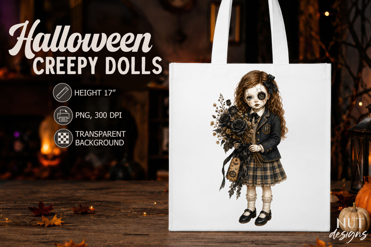 Schoolgirl Doll Black roses Gothic Halloween sublimation