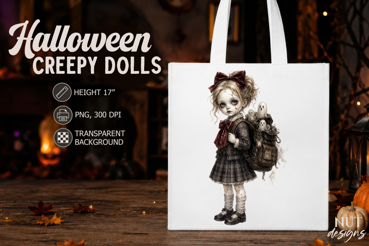 Schoolgirl Doll with Ghosts Gothic Halloween sublimation
