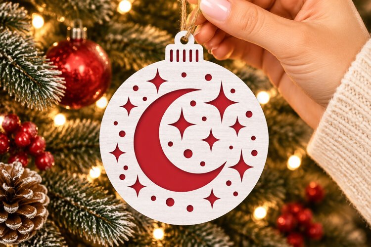 Crescent Moon Ornament SVG, Laser Cut Christmas Bauble example image 1