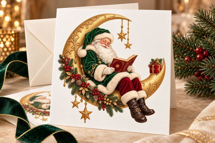 Vintage Santa on Crescent Moon PNG Christmas Clipart example image 1