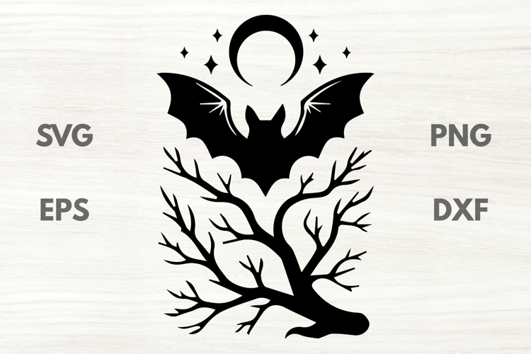 Crescent with Bat and Branches SVG