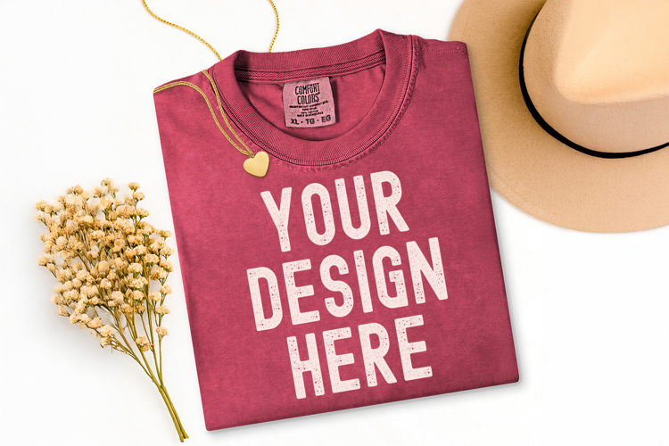 Comfort Colors C1717 Crimson Shirt Mockup, Flat Lay Mockup