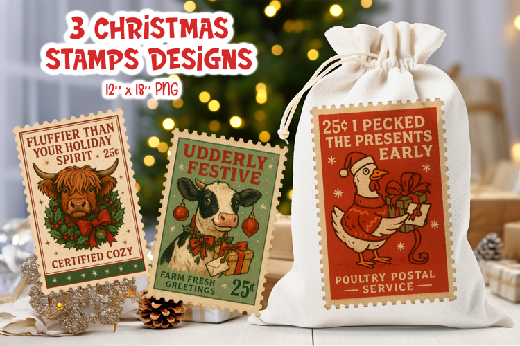 Vintage Christmas Stamps Sublimation Funny Sticker Printable