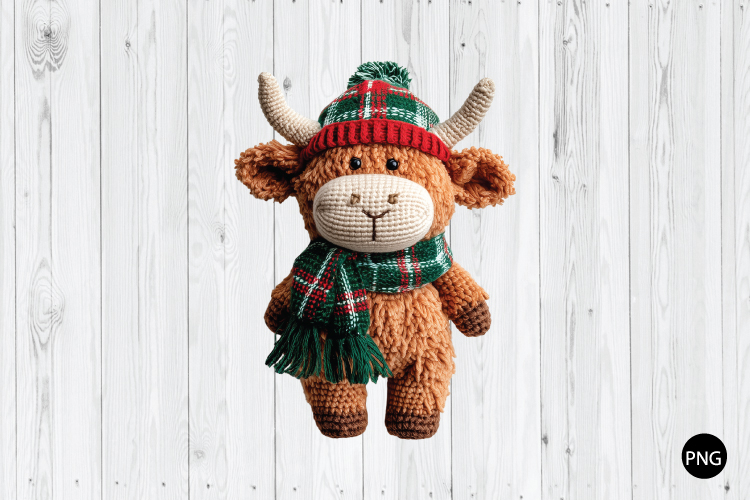 Crochet Christmas Highland Cow PNG, Highland Cow PNG