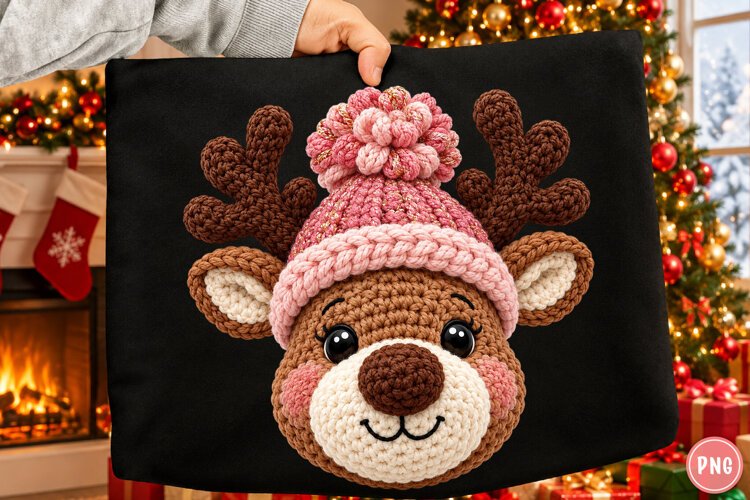 Faux Yarn Reindeer Christmas PNG | Pink Coquette Crochet Png example image 1