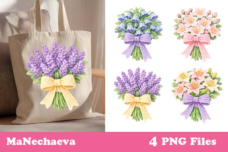 Crochet Yarn Flowers Clipart | Spring Bouquet Sublimation