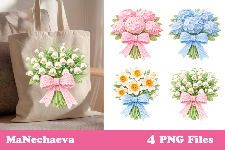Crochet Yarn Flowers Clipart | Spring Bouquet Sublimation