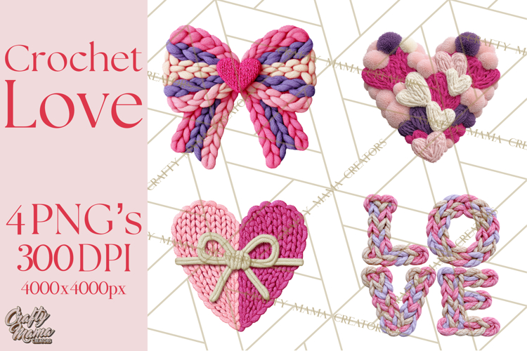 Yarn Valentine Clipart for Crafts, Crochet Hearts Clip Art