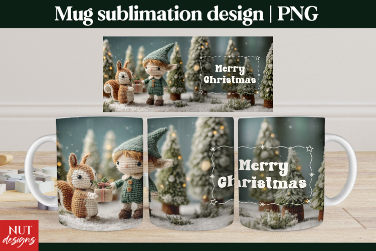 Cute Christmas Mug Cozy Crochet Squirrel & Elf 15oz mug wrap