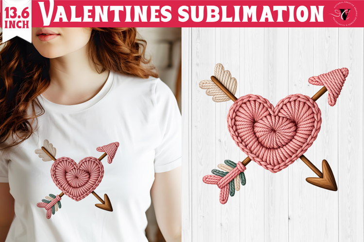 Crochet Valentines Day sublimation | Knitted heart and arrow