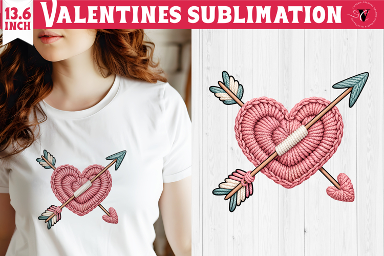 Crochet Valentines Day sublimation | Knitted heart and arrow
