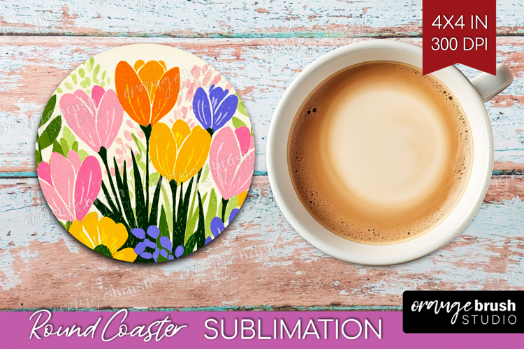 Crocus Modern Floral Round Coaster Sping Flower Coaster PNG