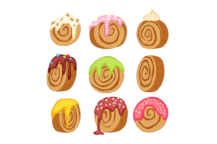 Cromboloni cake rolls with colorful icing and toppings