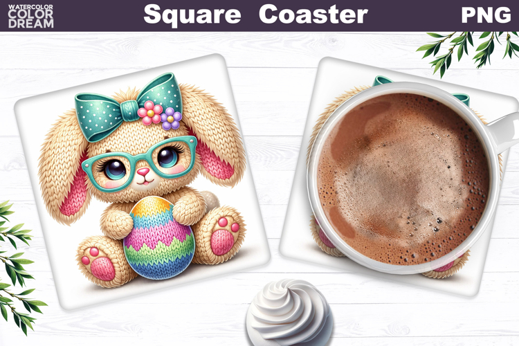 Cute Bunny Easter Square Coaster | Easter Animal Egg Sublim